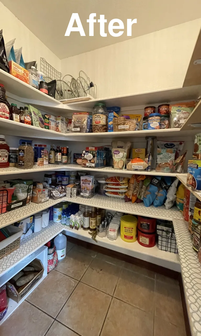 Walk-in pantry with labeled bins and categorized food before and after - After