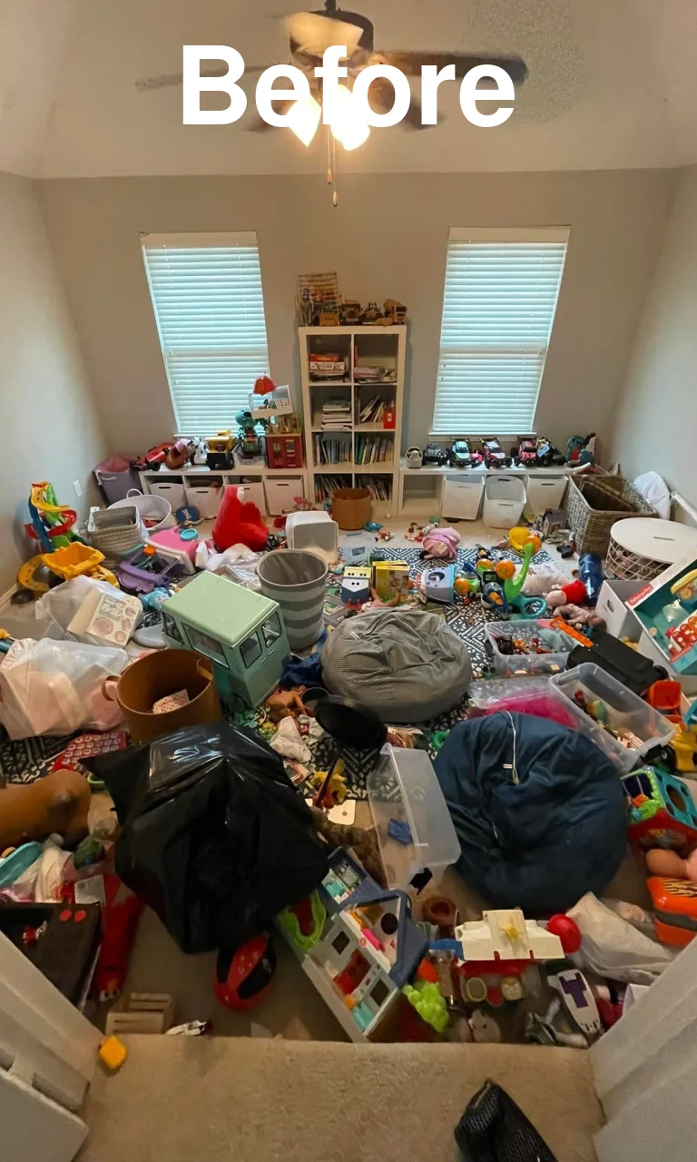 Playroom with organized toy cubbies and beanbags before and after - Before